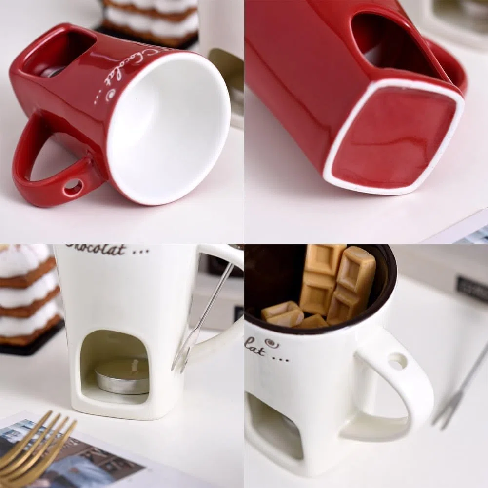 Tazas de fondue con luz de té, taza de fondue, juego de fondue de chocolate, taza de fondue de chocolate con tenedor, taza de fondue de chocolate para queso, caramelo, regalos de cumpleaños y boda