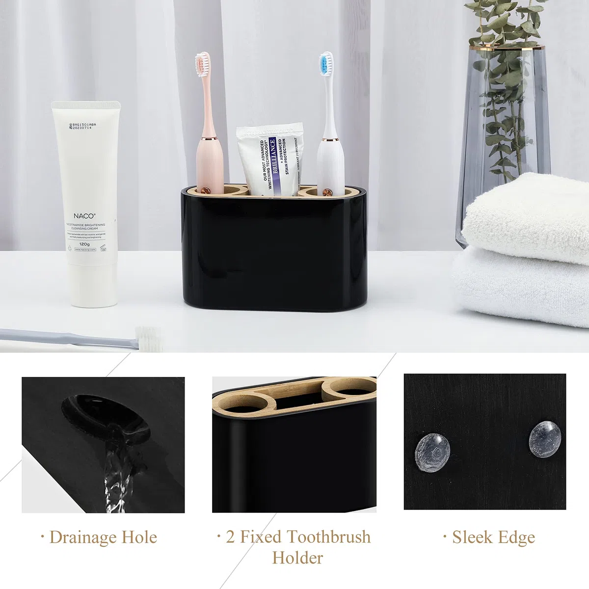 Shinowa Portacepillos de Dientes Organizador para Cepillo y Pasta con 3 Compartimentos, Resistente Soporte de Cepillo de Resina, Caja de Almacenamiento para Lavabo, Inodoro, Tocador, Negro