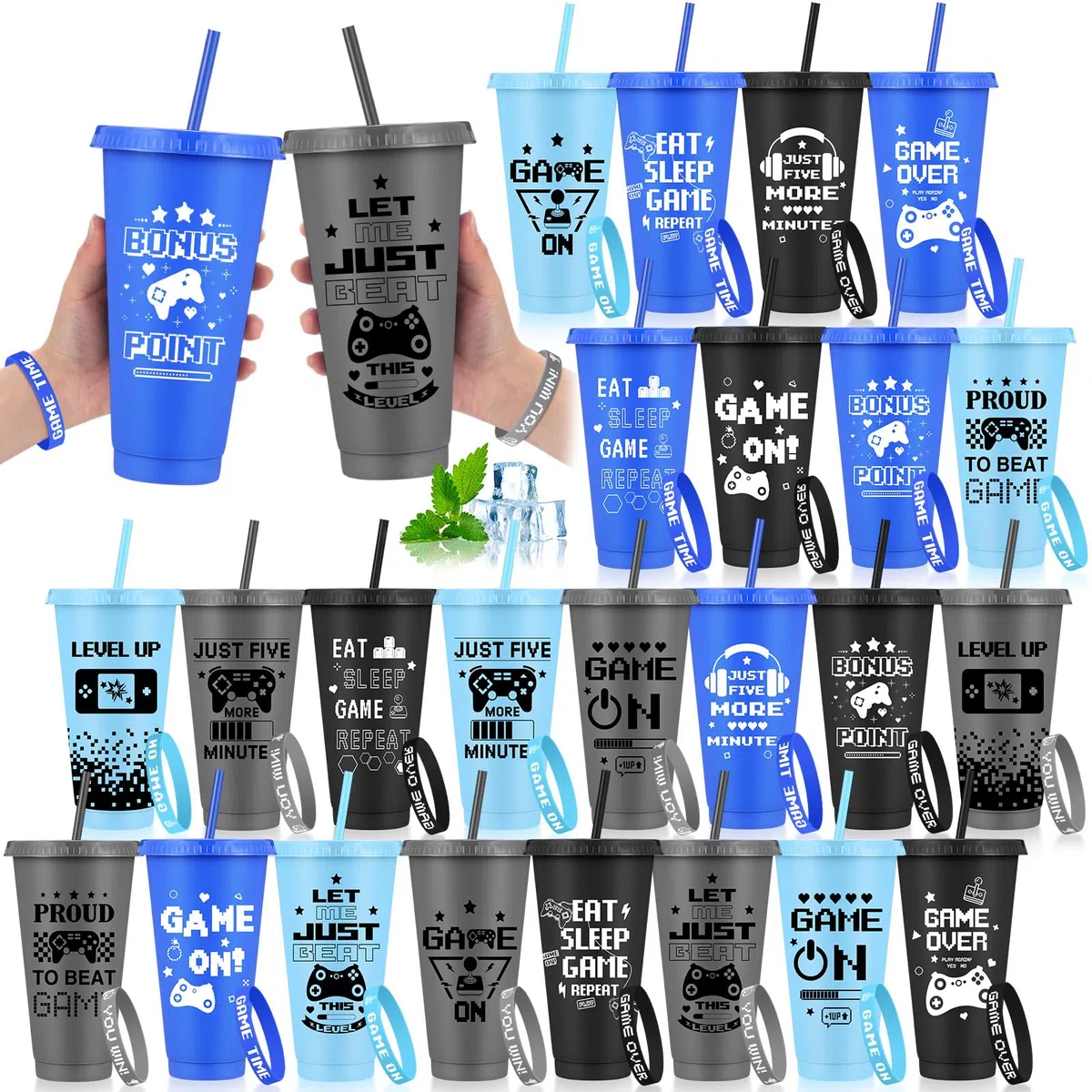 Jingmore Juego de 24/48 piezas de recuerdos de fiesta de videojuegos incluye vasos de plástico de videojuegos de 24 onzas con tapas y pajitas y pulseras de silicona, vasos de plástico reutilizables