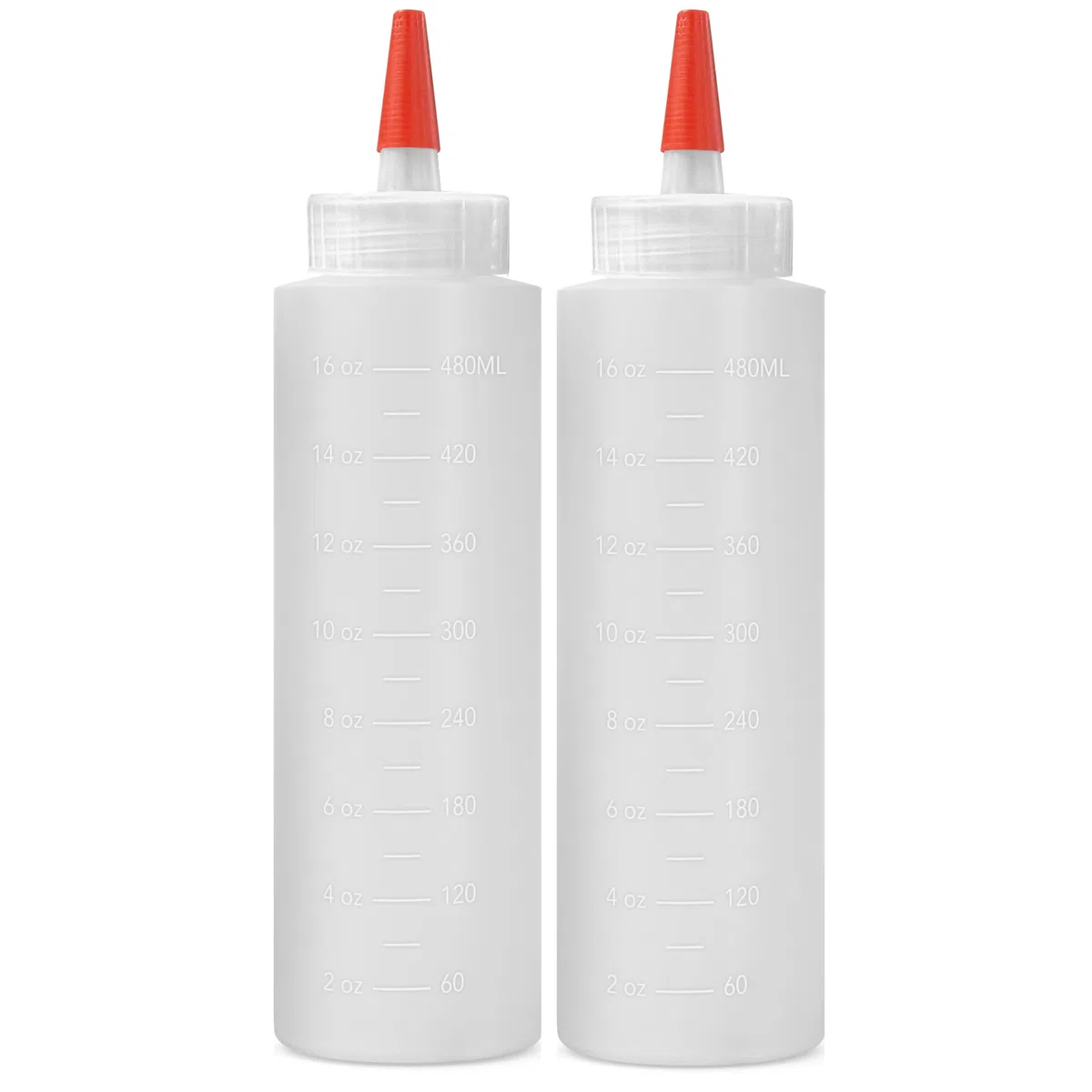 Paquete de 2 botellas de plástico para condimentos, 16 onzas con tapa de punta roja, fabricadas en Estados Unidos, perfectas para ketchup, barbacoa, salsas, jarabe, condimentos, aderezos, artes y