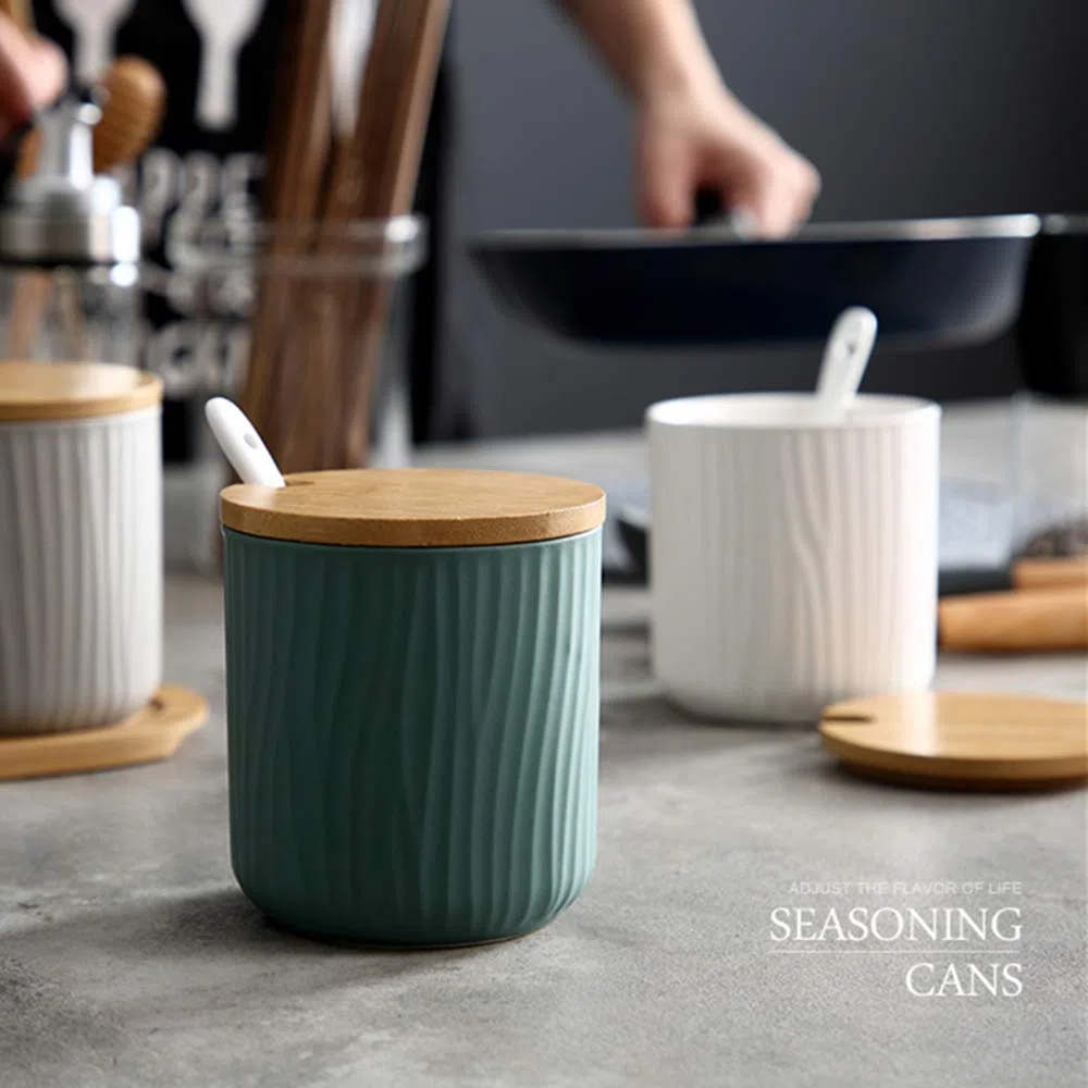Juego de 3 Tres Colores Azucarero, azucarero de cerámica azúcar Pot con Tapa de bambú y Cuchara, Cocina