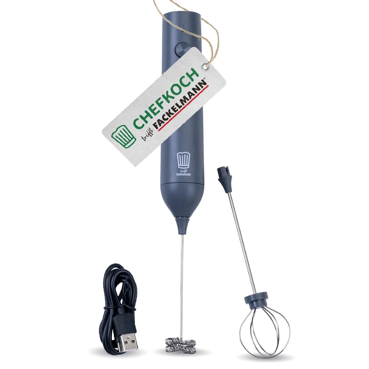 Chef Meet Fackelmann - Espumador de leche eléctrico (incluye 2 batidores de varilla, recargable por USB-C, 3 velocidades), color gris oscuro