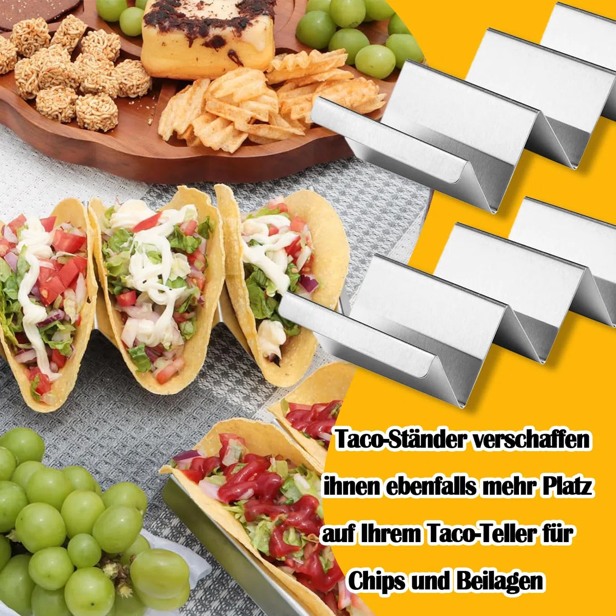 4 Soporte para Tacos, Soportes para Tacos de Acero Inoxidable con Asas Incorporadas, Bandeja para Taco Burritos Tapas, Sujetar Tacos, Bocadillos, Perritos Calientes y Tortitas Seguro Horno y Parrilla