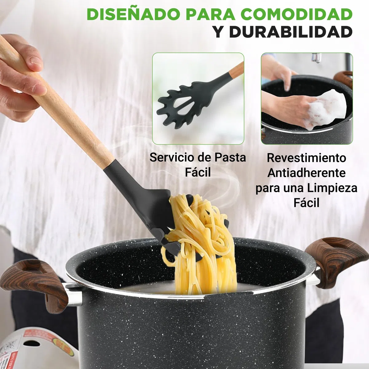 Nutrichef Olla para pasta con tapa coladora, 4.8L, Tenedor incluido, Antiadherente, Mangos resistentes al calor, Facil de limpiar
