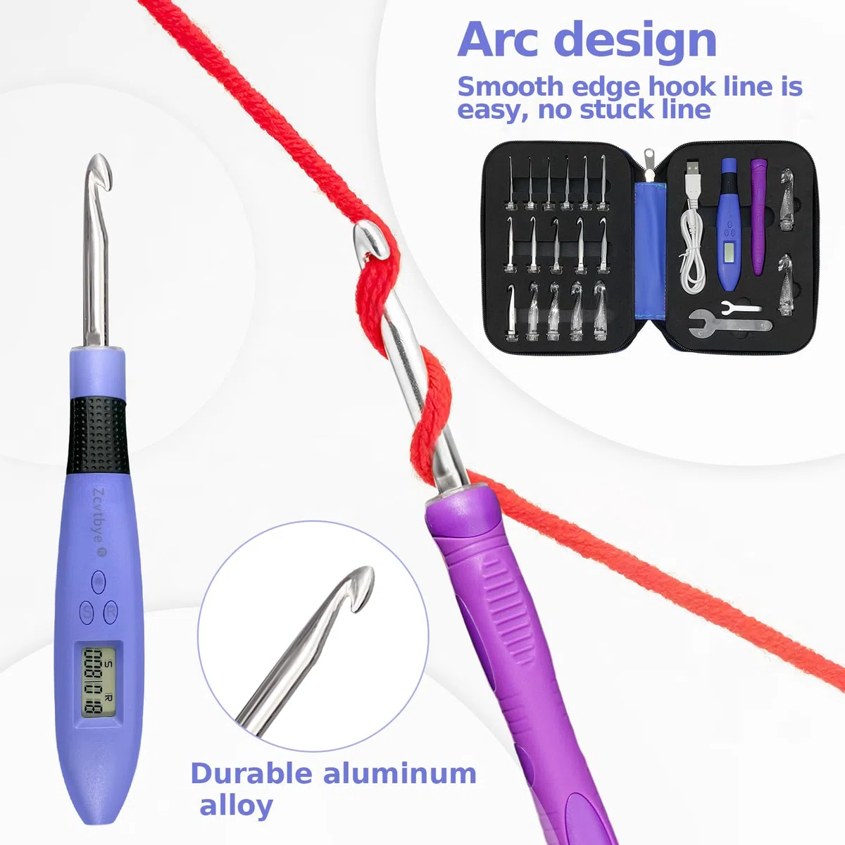 Zcvtbye Juego de agujas de ganchillo digitales, ergonómicas con 18 kits de ganchillo intercambiables, ganchos de ganchillo iluminados con 2 niveles LED, kit de punto para principiantes para contador