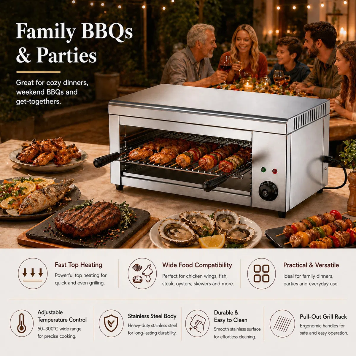 2000W Salamandra Electrica- derretidor de Queso salamandra eléctrico de 122-572 ℉ con 4 Alturas, Grill salamandra de Acero Inoxidable para Cocina Comercial, sándwiches y Asar filetes