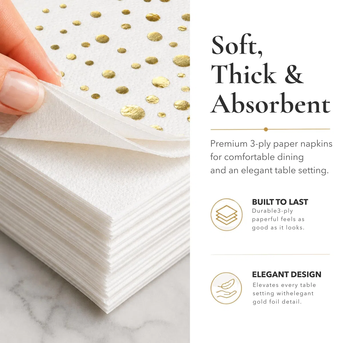 Elegantes servilletas doradas de 6.5 x 6.5 pulgadas, paquete de 100 servilletas de almuerzo blancas y doradas, añade brillo a tu evento con servilletas de fiesta, servilletas de papel de 3 capas