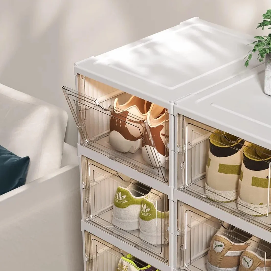 Cajas de zapatos transparente - Organizador de zapatos de plástico, 6 cajas de almacenamiento de plástico duro transparente, zapatero apilable con puerta magnética, organizador de zapatos armario.
