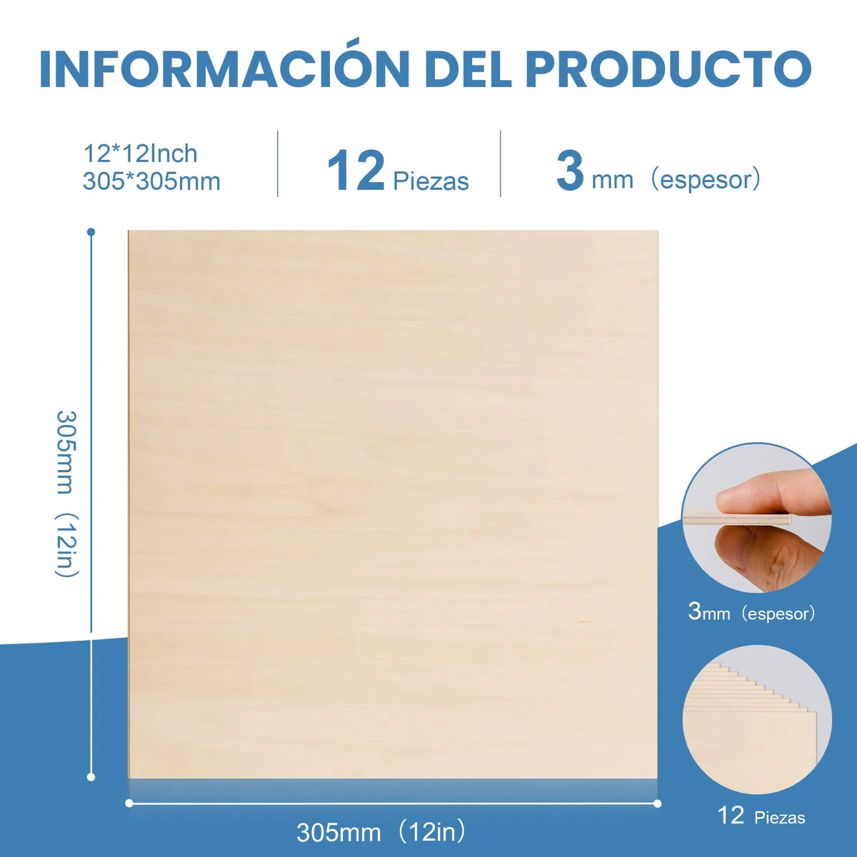 ROBOTIME 12 Piezas Placajes de Tilo Contrachapado, 305x305x3mm, Tabla de Madera en Bruto, Panel de Hoja para Corte Láser, Ideal para Pintura, Pirograbado, Bricolaje, Fabricación de Maquetas
