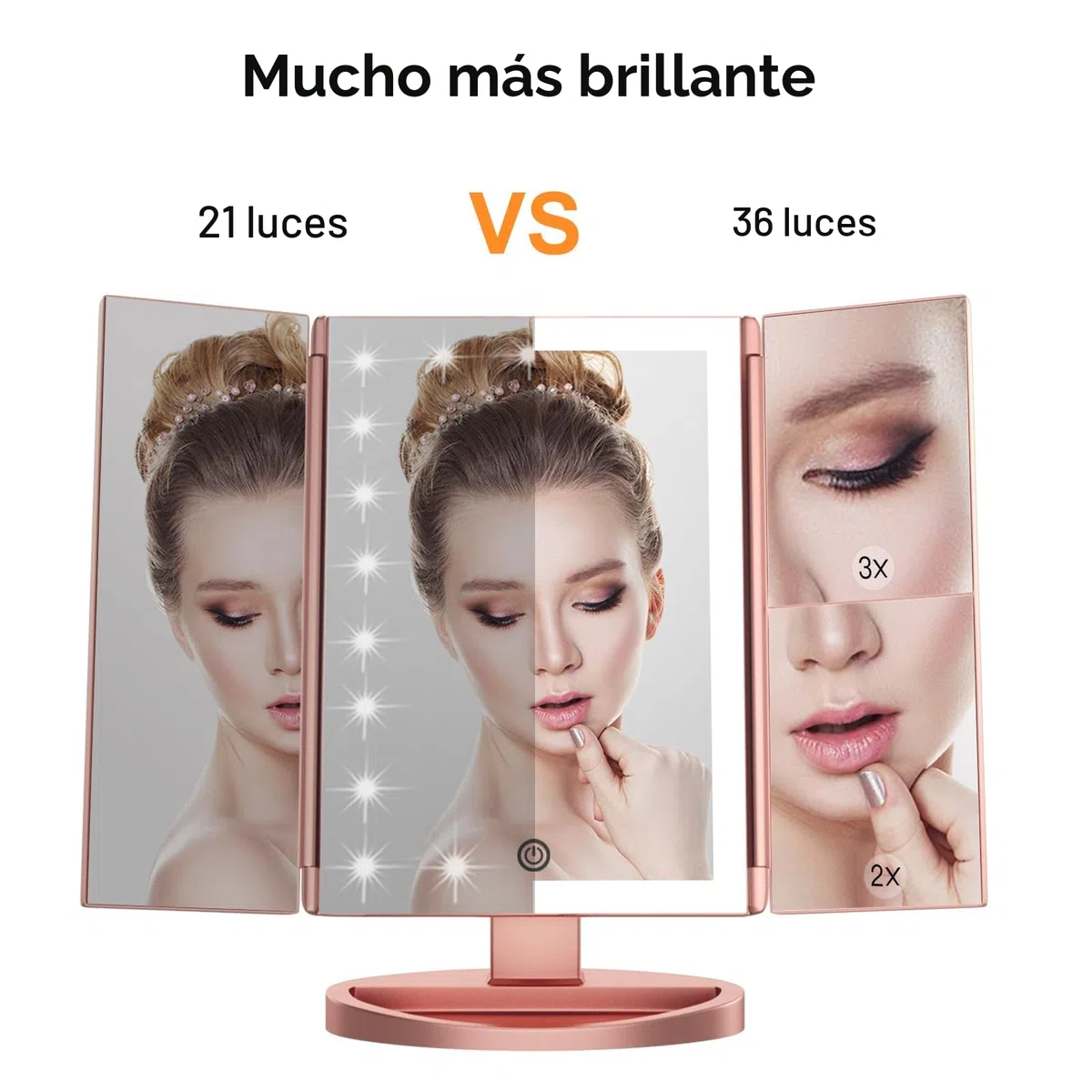 WEILY Espejo Maquillaje con Luz, Espejo Aumento con 1X/2X/3X, Espejo Led Plegable con 36 LED y Pantalla Táctil, Espejo de Mesa Soporte USB y Batería (Oro Rosa)