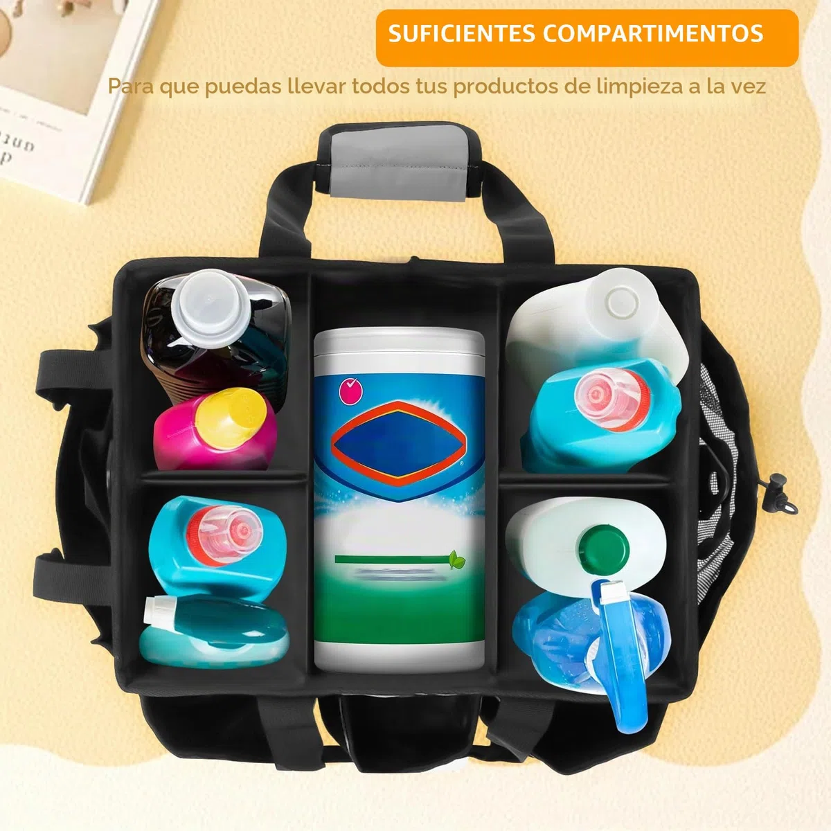 Organizador Caddy Limpieza Grande, Bolsa Limpieza Portátil con Asa y Correas, Carro limpieza con 5 Divisores Plegables, Multifunción Espesado Cesta de Herramientas para Casa, Coche, Jardín (gris)