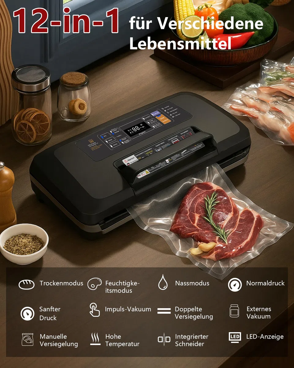 Aparato 12 en 1 con Doble Soldadura: Envasadora al Vacío Doméstica y Profesional para Alimentos de 95 kPa – Incluye Easy-Lock, Cortador de Film, Bandeja Desmontable para Conservación de Larga Duración