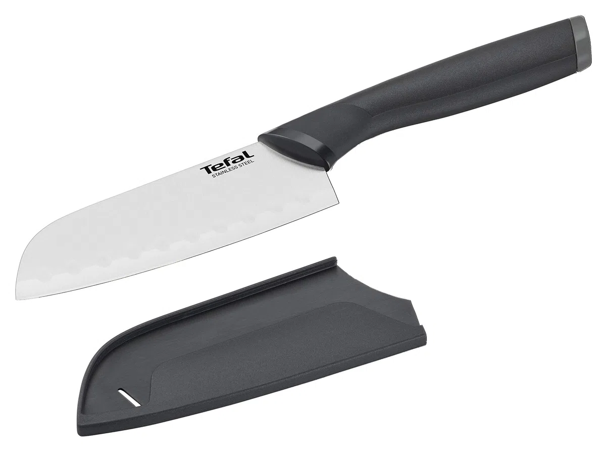 Tefal Santoku Comfort - Cuchillo de 12 cm de acero inoxidable con mango ergonómico, color negro