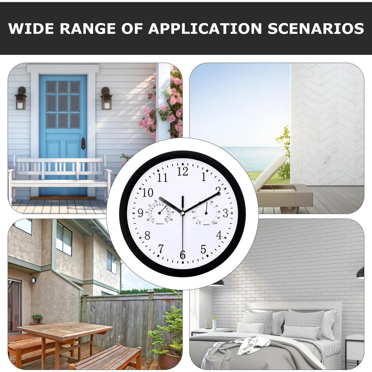 Reloj de pared exterior exterior 25 cm resistente a la intemperie reloj de jardín con termómetro e higrómetro impermeable para terraza, balcón, jardín, decoración del hogar