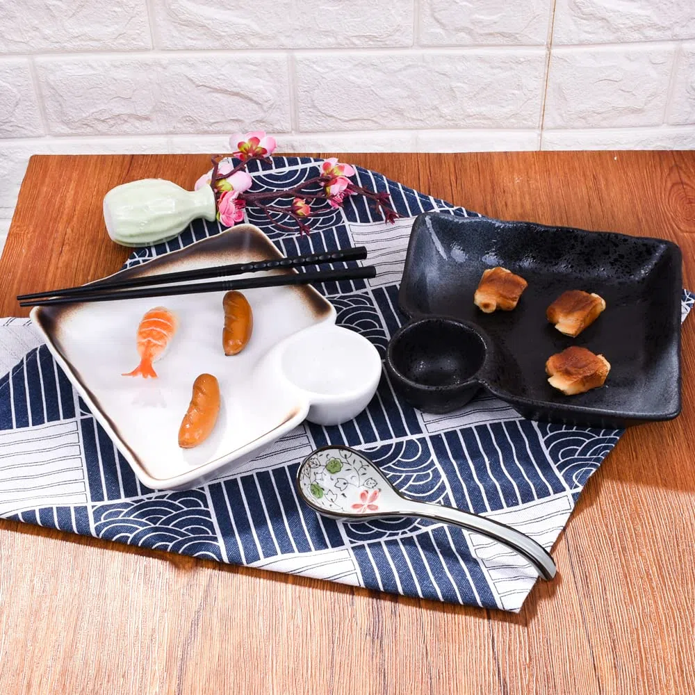 Plato de sushi japonés de 7 pulgadas, platos cuadrados para albóndigas y postres con platos de vinagre, juego de 2 bandejas para servir, para fiestas, apto para microondas y lavavajillas