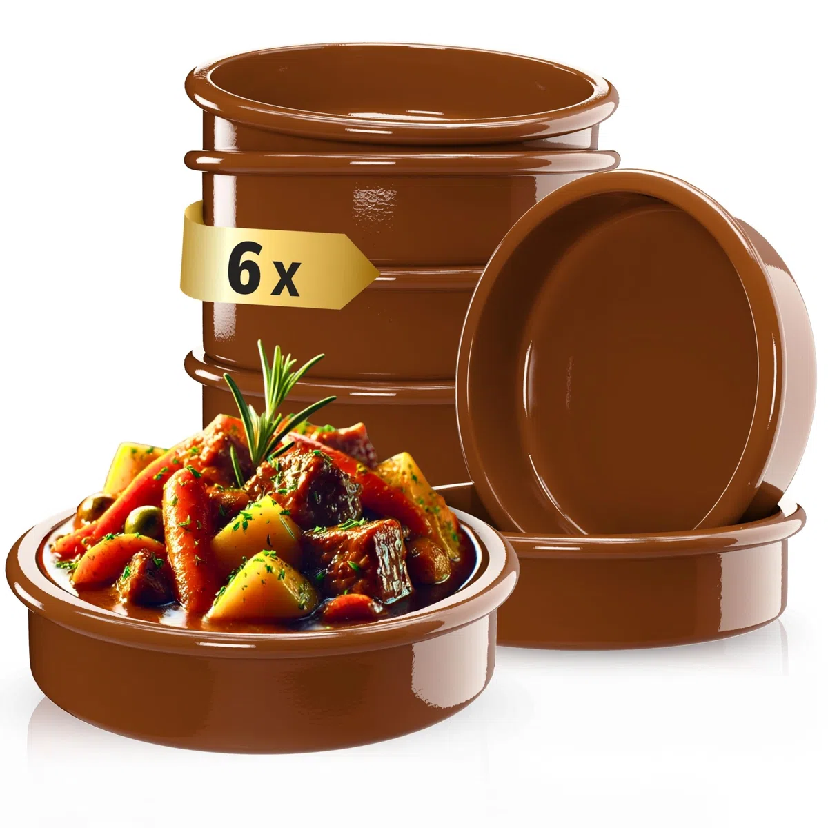 ToCi 6 x Cuencos para Tapas Marrón Ø 11,5 cm – Cuencos españoles de cazuela de arcilla 175 ml - Pequeñas formas para horno y cuencos de postre para tapas, comida para picar, crème brûlée y platos al