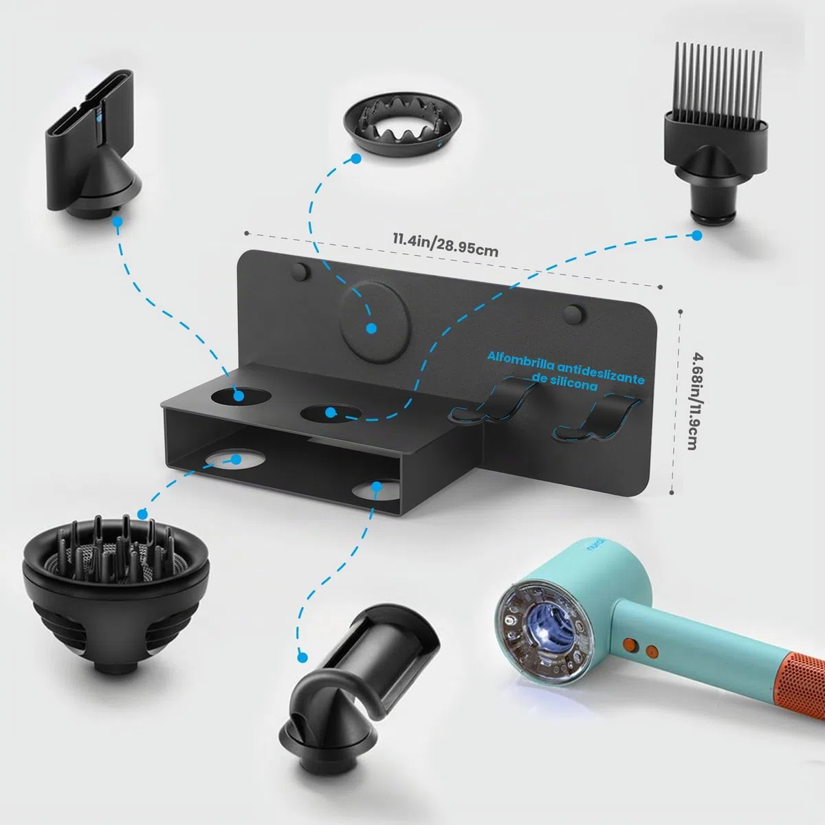Soporte para Secador Sin Perforación, Soporte Secador de Pelo Compatible con Dyson Supersonic Nural, Soporte Secador de Metal, Acomodar 5 Boquillas