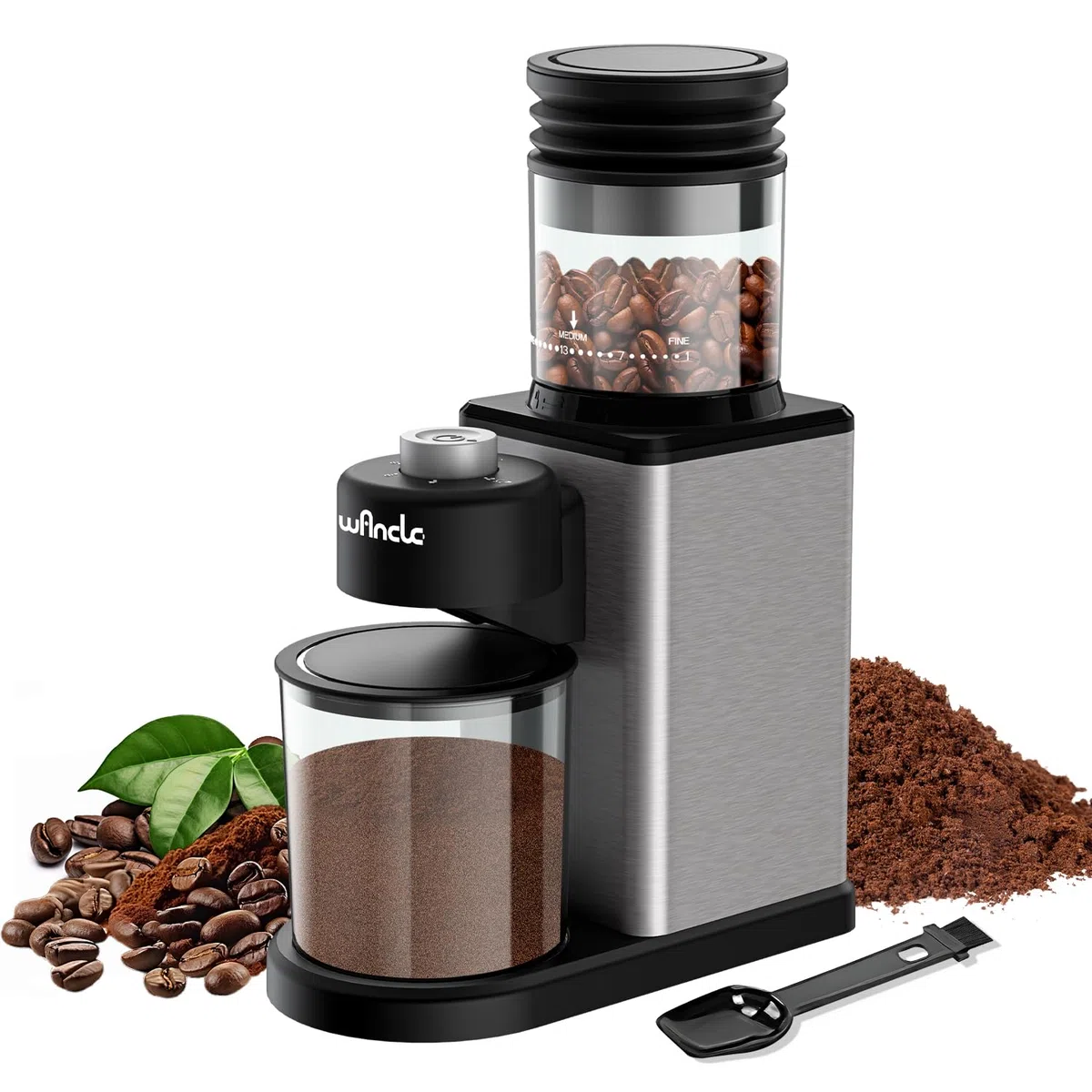Wancle Molinillo de Café Eléctrico con conos - 25 Niveles de Molienda Ajustables para Espresso/French Press/Filtro, Capacidad 2-12 Tazas, Silencioso & Antiadherente con Soplador, Acero Inoxidable