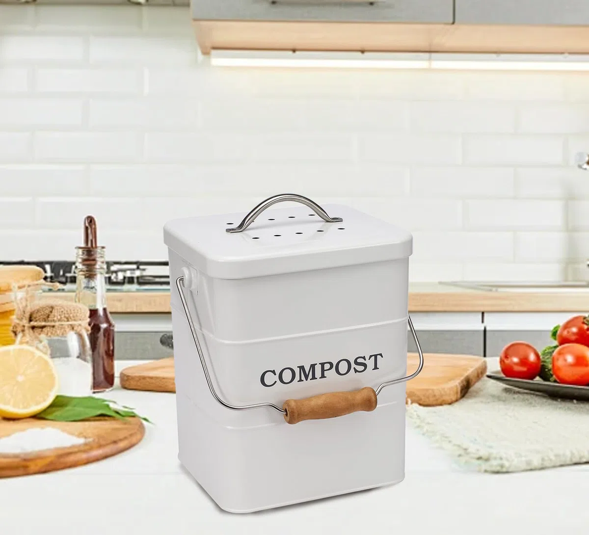 Cubo de Compostaje para Cocina 6L con Filtro de Carbón - Cubo Pequeño para Basura Orgánica, Acero Inoxidable Anticorrosivo, Ideal para Desechos de Alimentos y Reciclaje en Encimeras Blanco