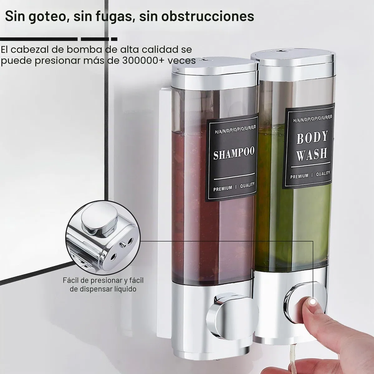 Dispensador de Jabón de Ducha 3 Recipientes, Sin Taladro – Dosificador para Champú, Acondicionador y Gel de Ducha de Gran Capacidad (2x300ml, Plata) para Baño, Cocina, Hotel Plata 2 cámaras