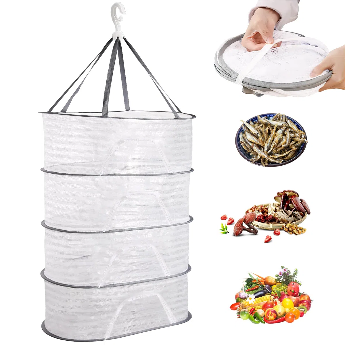 POFIBO Red de Secado de Hierbas 4 Capas de Malla para Colgar Hierbas Vegetales, Plantas y Verduras, Red Plegable para Secar Hierbas con Cremallera y Gancho (40 x 60CM)