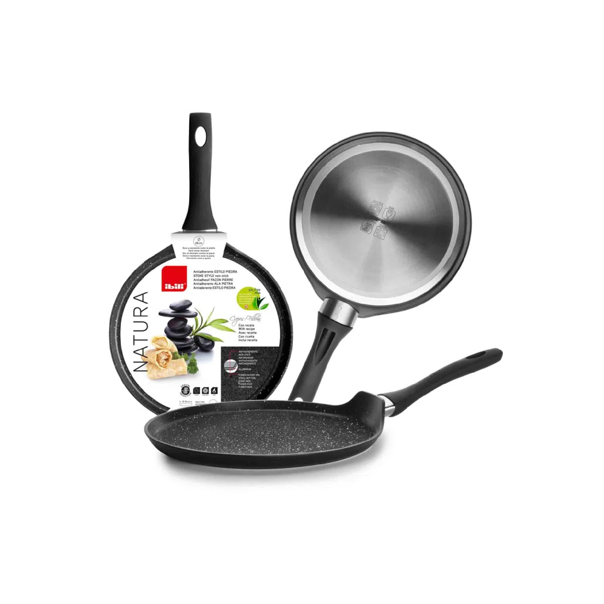 IBILI - Sarten Crepes Natura, 28 cms, Aluminio, Antiadherente Estilo Piedra, Apto para induccion