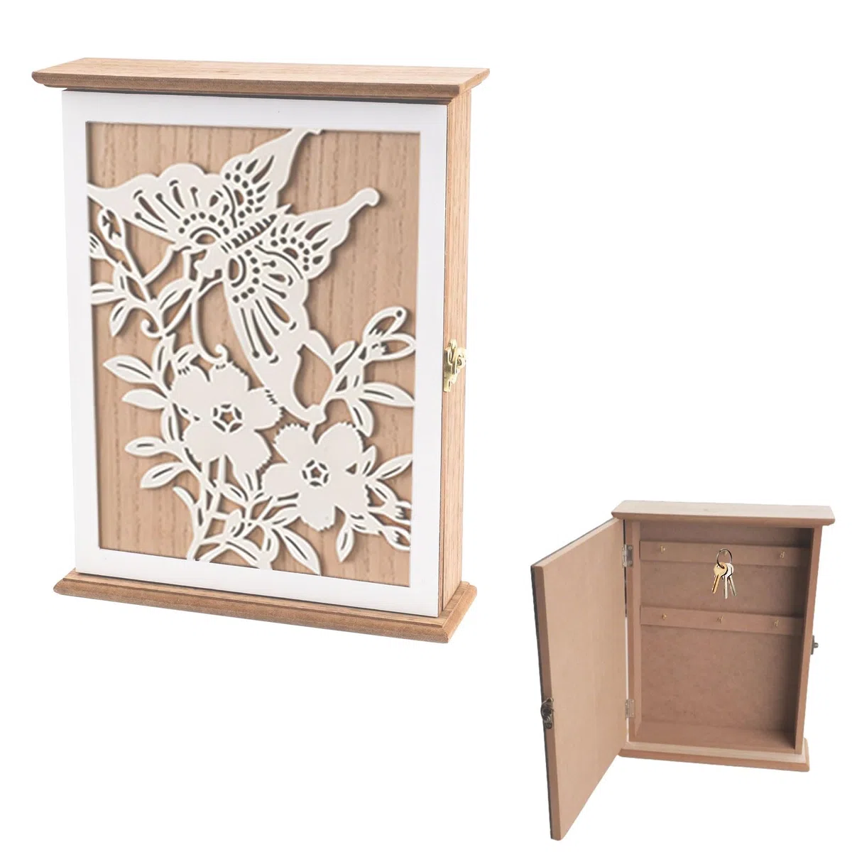 Caja Llaves Pared Madera con Motivo de Mariposas y Flores,Caja Llaves Pared Decorativa para Entrada,Dormitorio,Pasillo,Blanco,28 x 22 x 7 cm