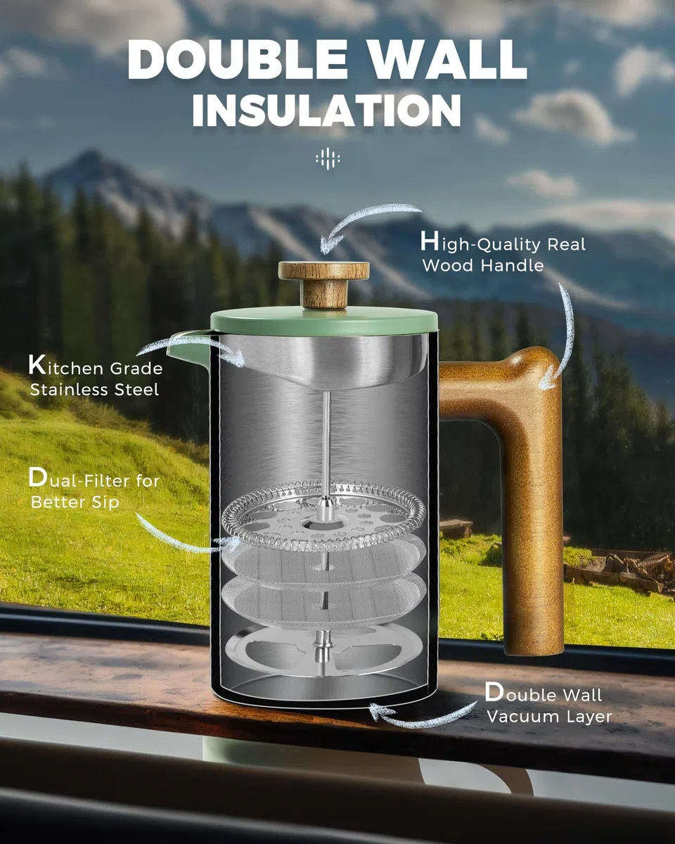 POLIVIAR - Cafetera de acero inoxidable 304 de doble pared de 600 ml, émbolo de café aislado con mango de madera real, filtro de 4 etapas para café molido y té de hojas sueltas