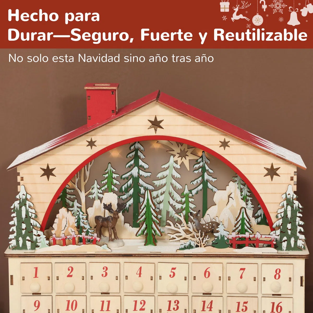 HOMCOM Calendario de Adviento para Rellenar de Madera, con Luces LED y 24 Cajones, Calendario de Adviento de Navidad Reutilizable con Escena de Pueblo, Decoración Navideña, 36x10x34 cm, Natural