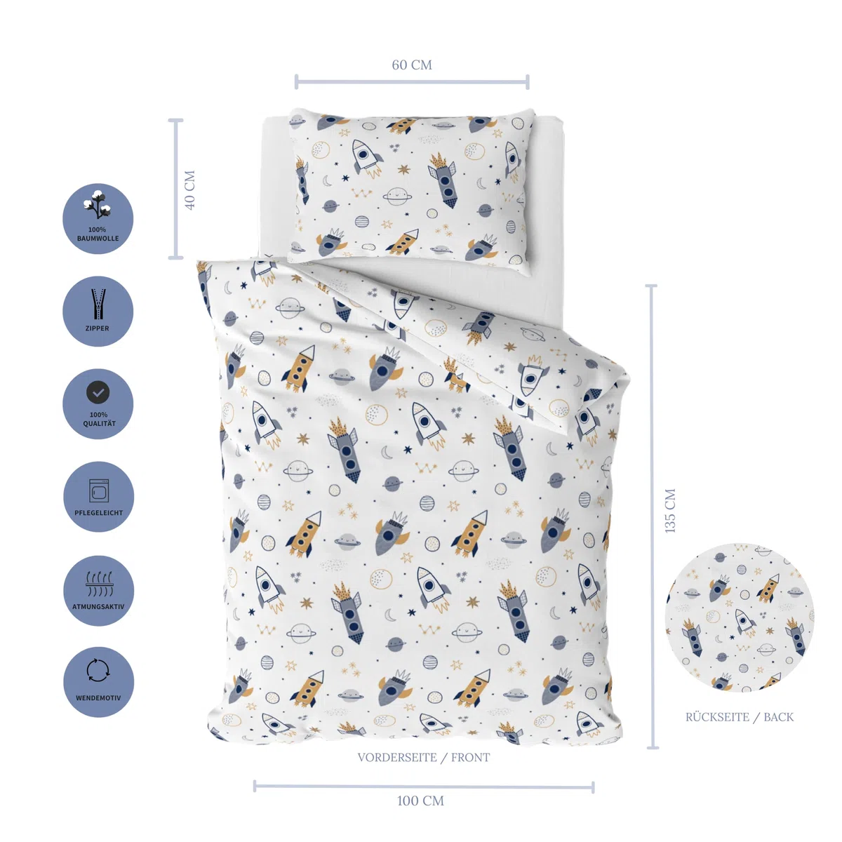 Ropa de cama infantil, diseño de espacio y cohetes, funda nórdica 100x135 cm y funda de almohada 40x60 cm, algodón Öko-Tex (espacio)