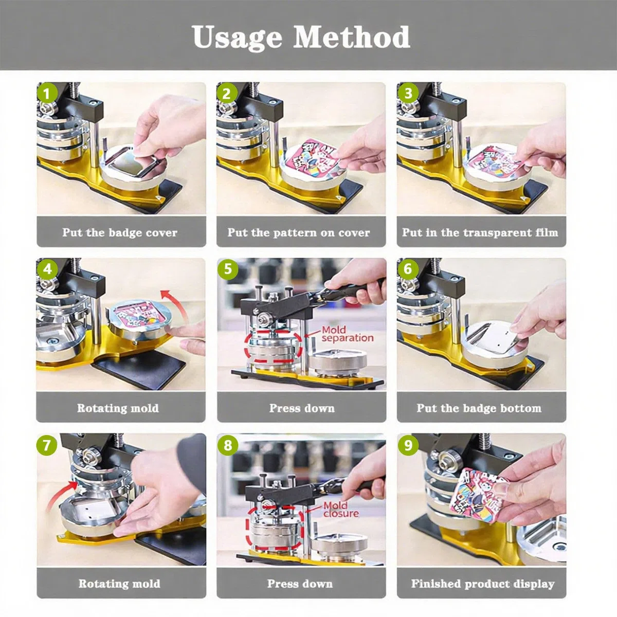 Máquina para hacer botones imantados redondos para nevera, máquina para hacer pines cuadrados metálicos para imanes de nevera, kits de prensa para chapas DIY con 100 sets de suministros. 58mm