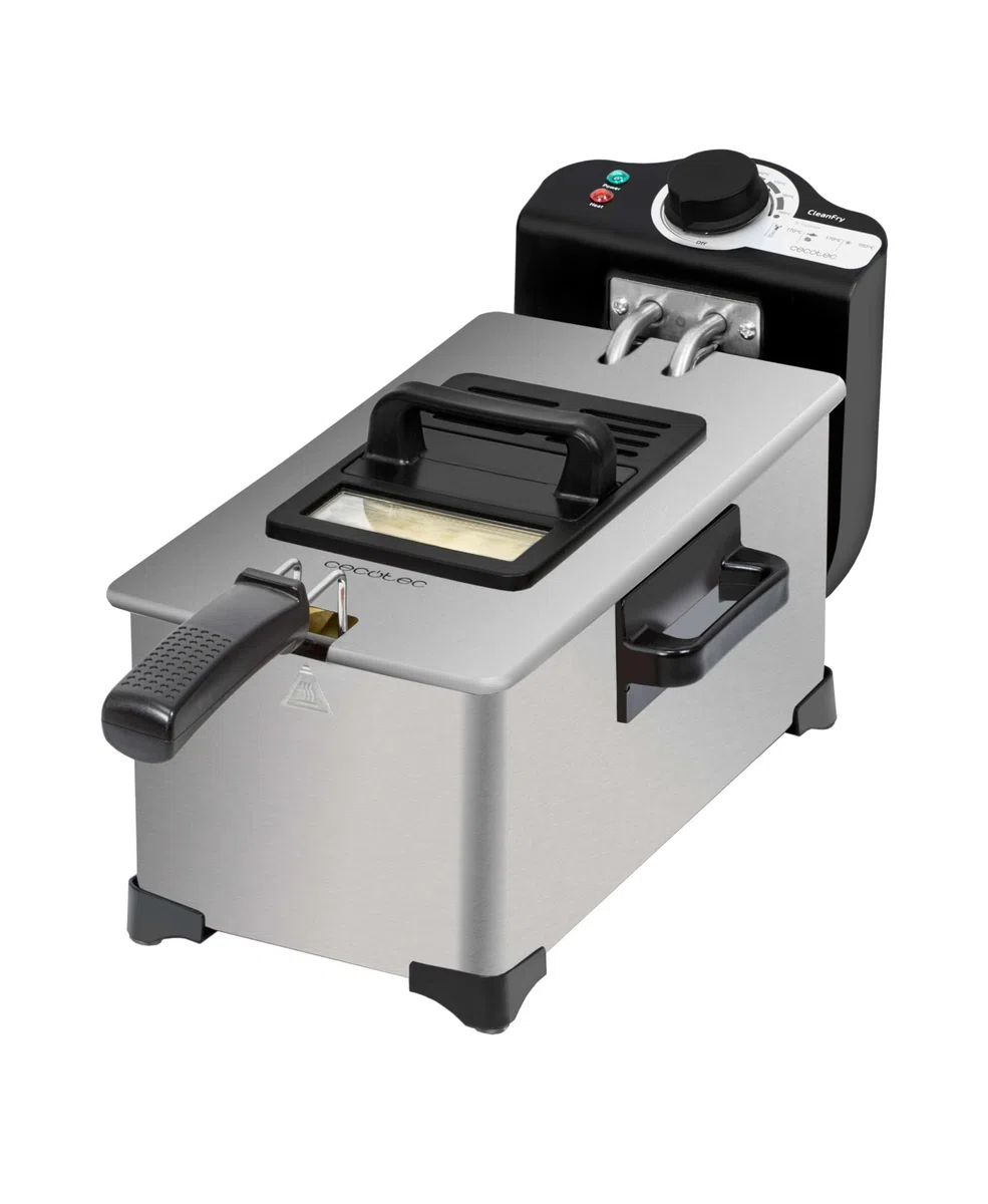 Cecotec Freidora Eléctrica de 3L Cleanfry 3 L. 2000W, Acero inoxidable, Filtro OilCleaner, Cuerpo, Cubeta, Tapa y Cestillo de Acero Inoxidable, Tapa con Ventana y Filtro Antiolores