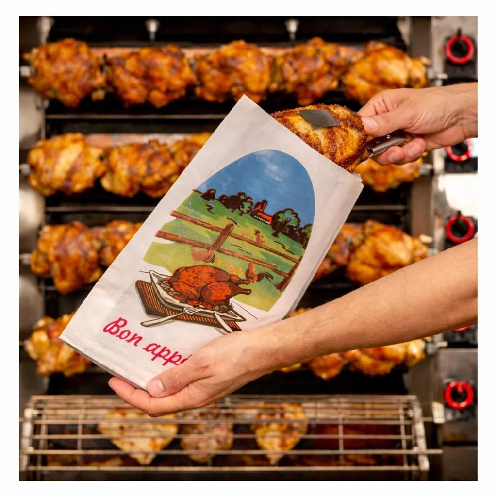 Vertdurée – Lote de 500 bolsas de pollo grasas, resistentes de papel blanco, 18+7,5 × 32 cm, uso profesional, asador, catering y venta para llevar