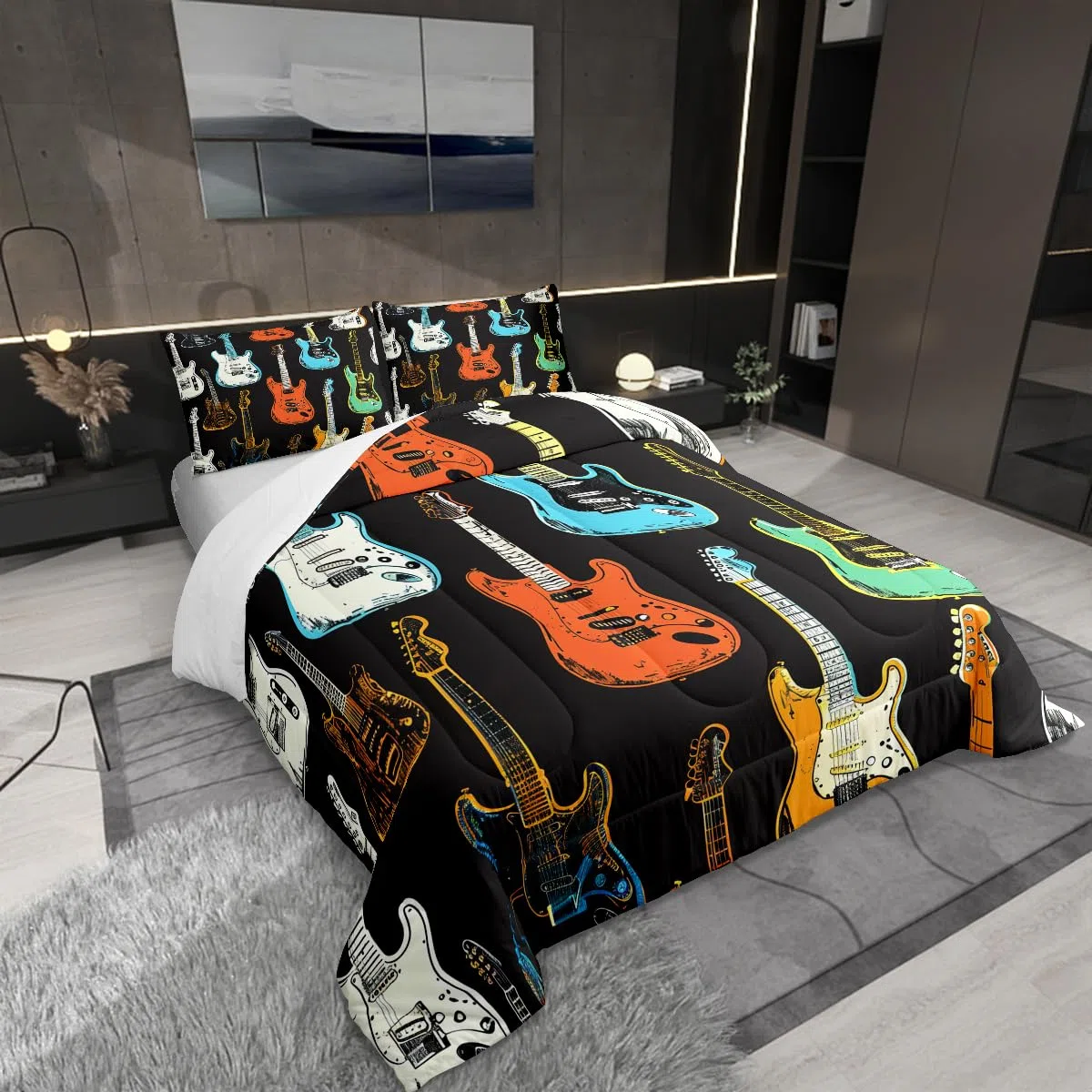 Castle Fairy Juego de ropa de cama de guitarra colorida, tamaño matrimonial, edredón de instrumentos musicales para niños, adolescentes, amantes de la música, bajo rock, edredón de plumón, estilo