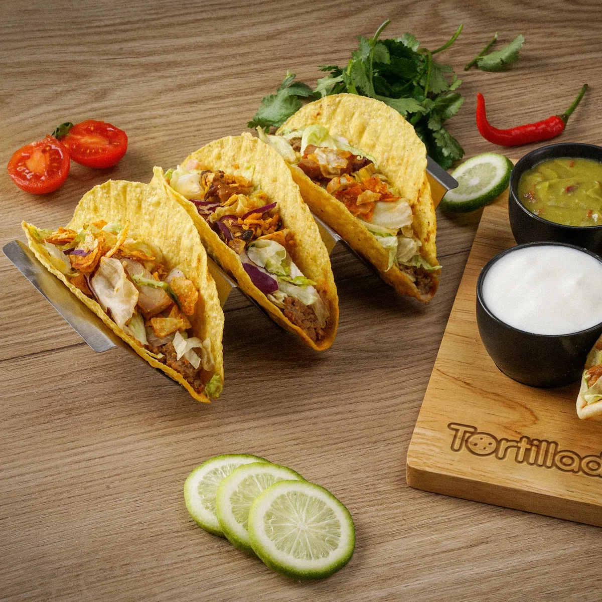 Tortillada - Juego de soporte para tacos/Hotdog hecho de acero inoxidable para hasta 6 tacos - incl. bandeja de servicio hecha de madera, tazones de inmersión de cerámica y libro de recetas