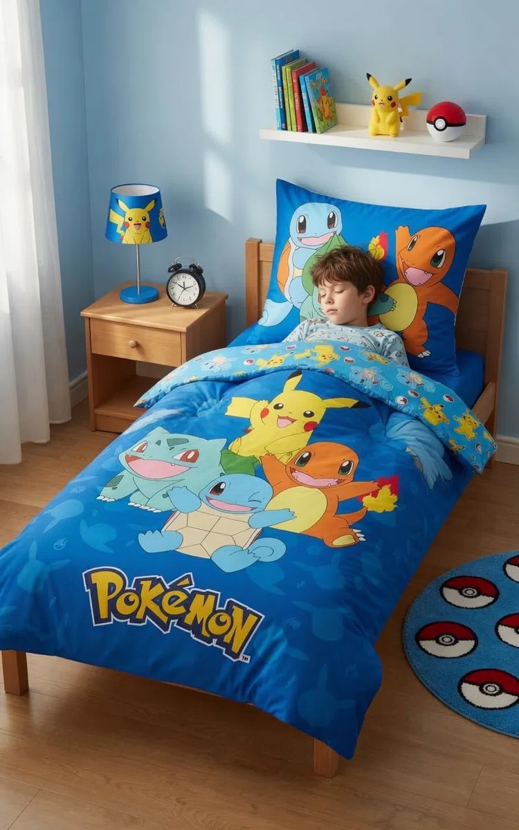 Juego de ropa de cama Pokémon 135x200 + 80x80 · Pikachu, Glumanda, Schiggy & Bisasam · 2 piezas funda nórdica + funda de almohada · Tamaño alemán