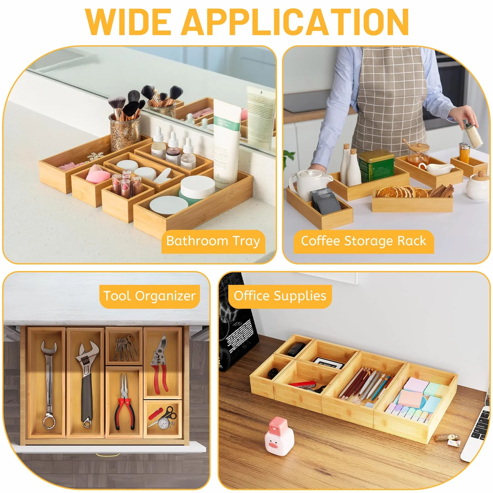 DBREAKS Set de 6 Cajas Organizadoras para Cajones de bambú, Caja de almacenaje, para Utensilios, Maquillaje, Basura en Cocina, Baño(Natural)