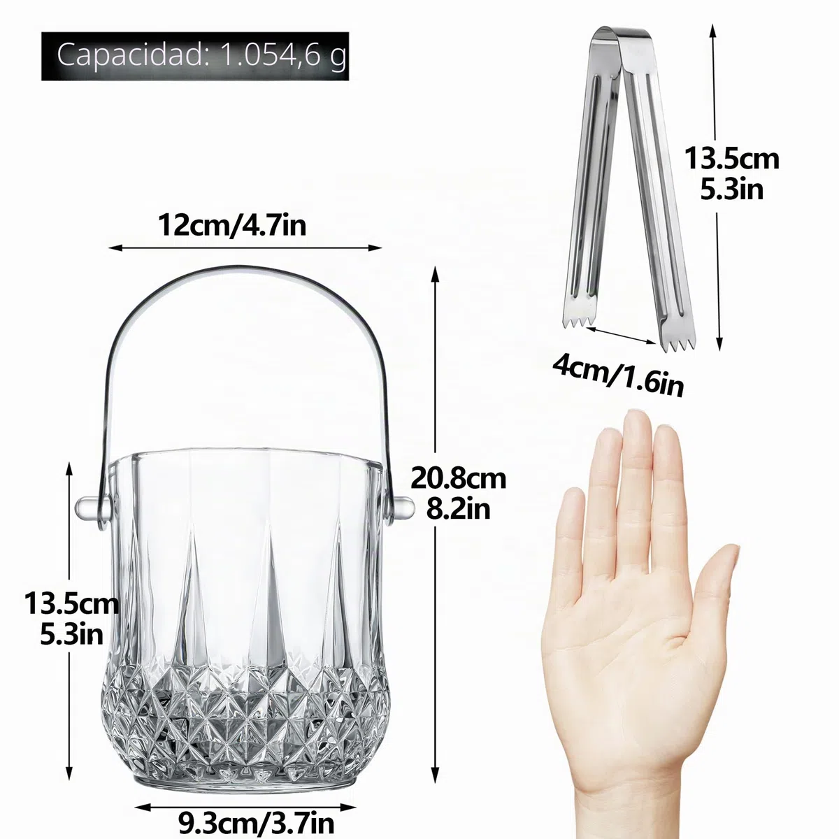 Cubitera de hielo de vidrio con asa y pinza para 37 onzas de cubitos de cristal transparente para cóctel, bar, vino, hogar, fiestas, cubo de champán