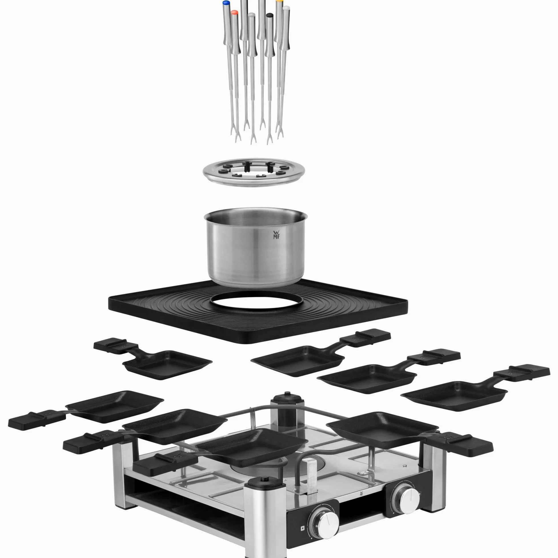 WMF Lumero - Grill Gourmet 3 en 1, 3 funciones Raclette, Fondue, Grill iluminación LED, Gourmet, hasta 8 personas, hasta 1 L, acero inoxidable, antiadherente