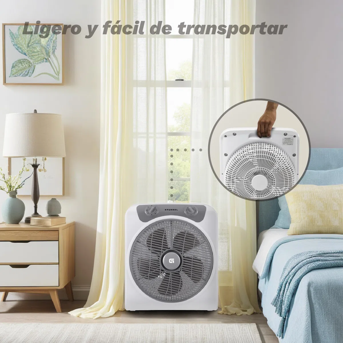 Grunkel - Ventilador de suelo potente y ligero - BOXFAN - Circulador de aire con temporizador de 60 minutos y 3 velocidades. Aspas 30cm de diámetro, función oscilación. - 50W