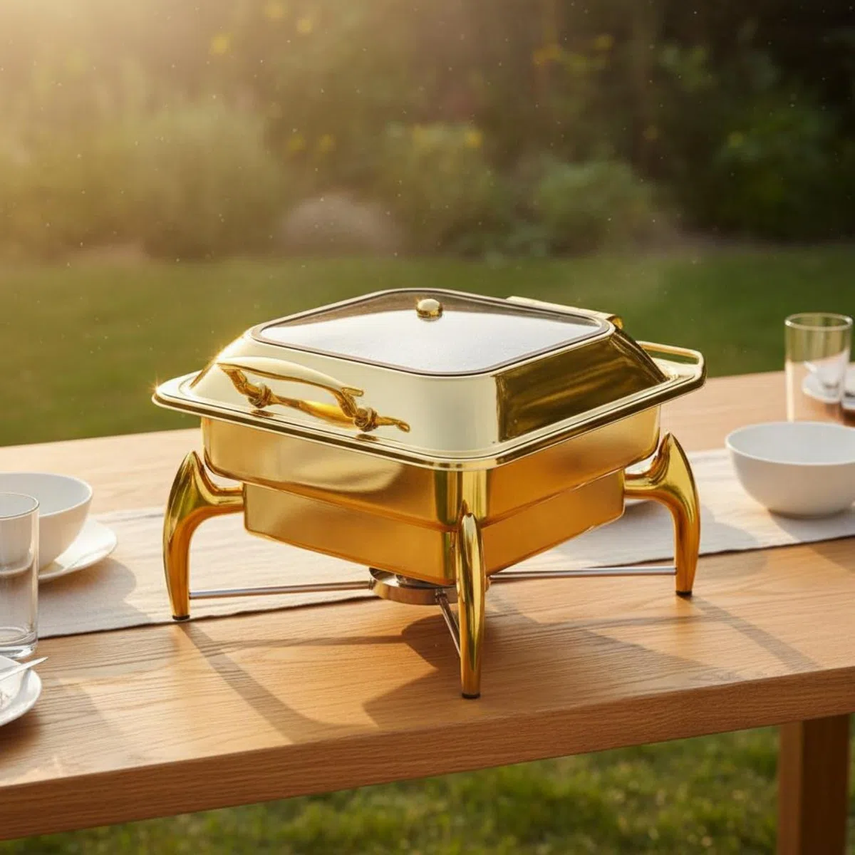 Calentador de Buffet Chafing Dish Recipiente Servidor Acero Inoxidable Dorado 9L la Comida Caliente Patas Uso Continuo Adecuado para Hoteles Bufés, Cuadrado De 6L con Soporte