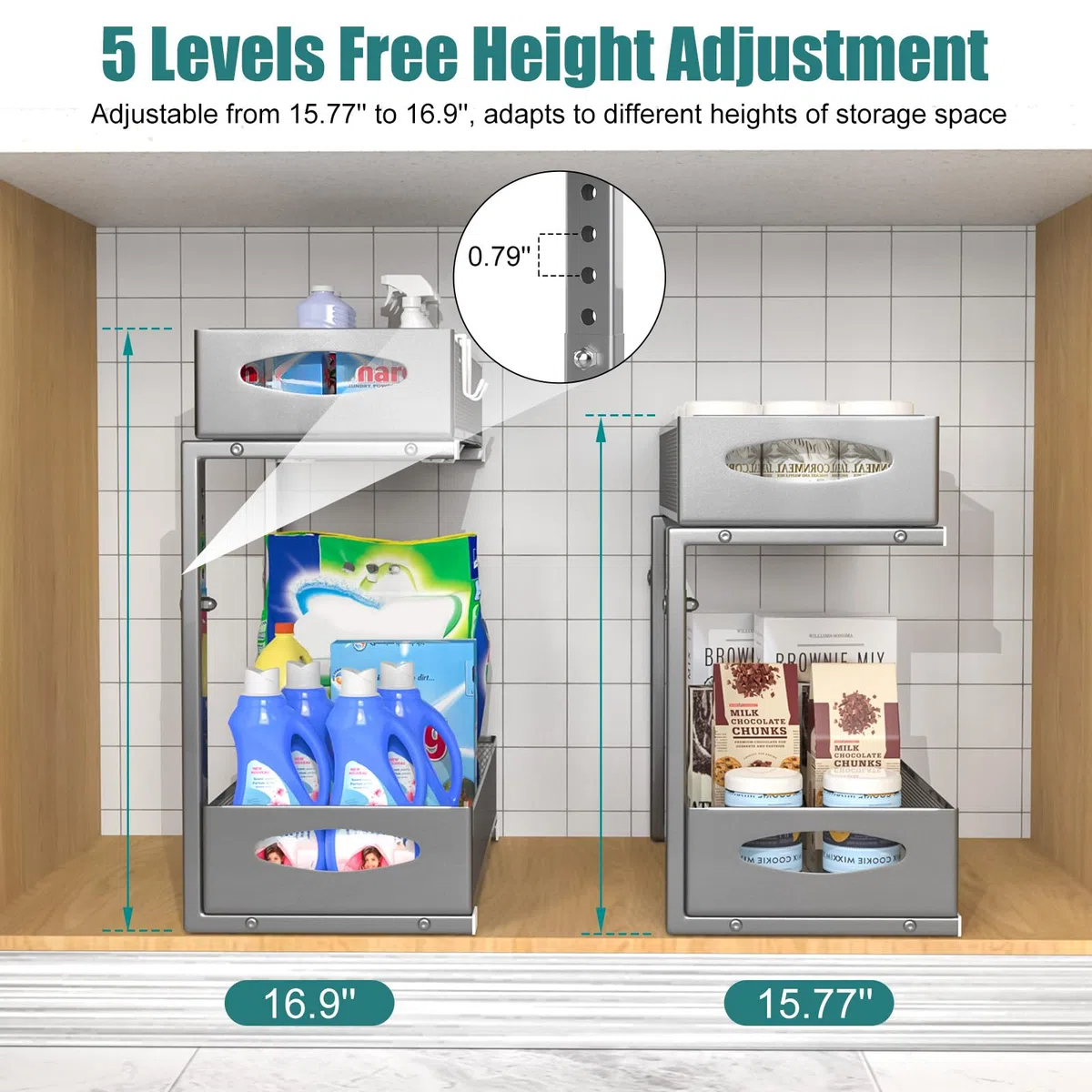 Housolution Organizador Bajo Fregadero de Metal, 2 Niveles Estanteria Bajo Fregadero Extraible con Altura Ajustable, Estante de Almacenamiento Bajo Fregadero para Cocina, 1 Pieza, Gris