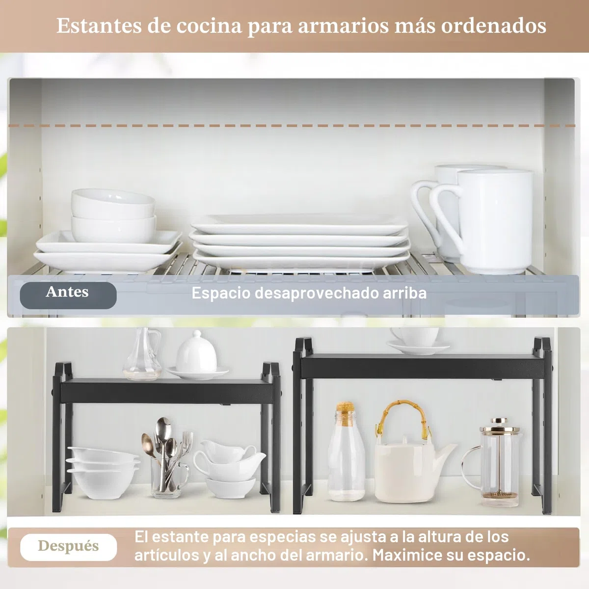 Estantería Cocina, Estantería Extensible 32-53 cm, Estante de Armario Expandible de Alta Resistencia, Organizador de Especias con 3 Configuraciones de Altura para Organizador de Armario de Cocina