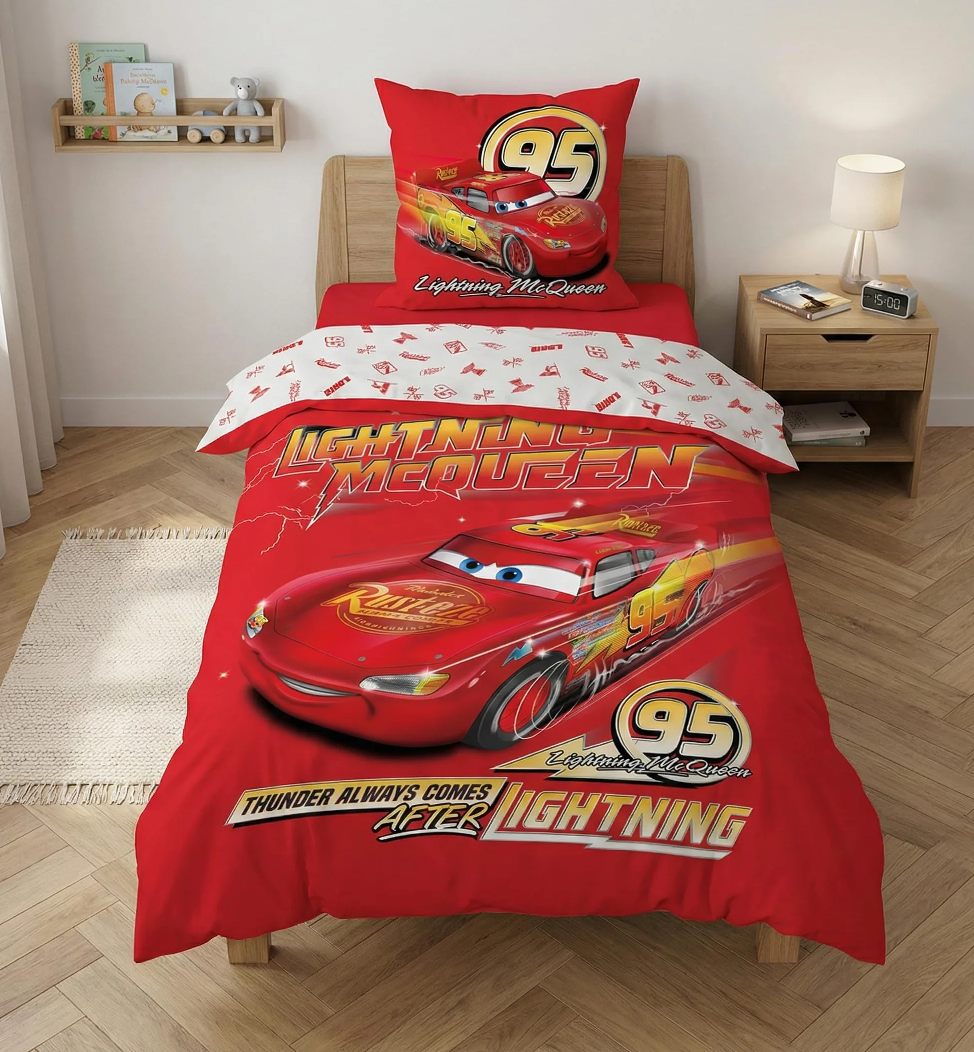 Cars Rayo Mcqueen Funda Nórdica Cama 90 140x200 + Funda Almohada 65x65 | Ropa de cama reversible | Algodón natural transpirable Oeko-Tex | Disney Pixar | 3-10 años | Regalo | Lavable a máquina