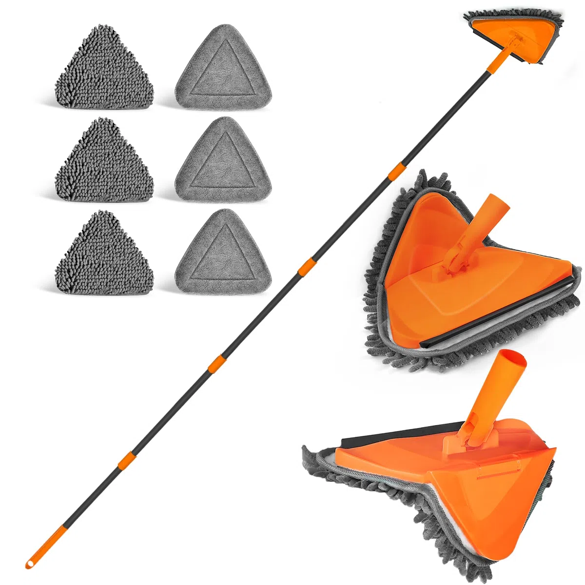 JEHONN Mopa para Limpiar Azulejos y Paredes, Mejorado Fregona Techo Triangular Giratoria 360°, Trapeador Microfibra Extensible hasta 202 cm, Esfregona Fregar Suelos, Ventanas Altos (Naranja)