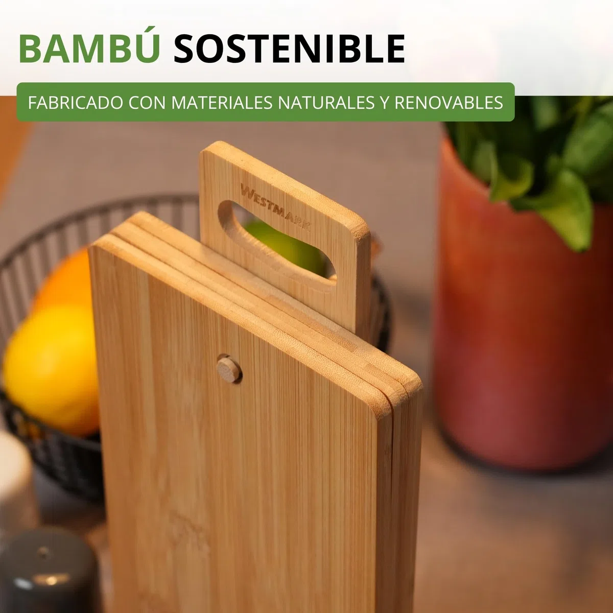 Westmark Tablas de desayuno – 6 tablas de pan incl. soporte, tablas para el desayuno y la cena, también ideales como tablas de cortar o platos para servir – bambú, 7 uds.