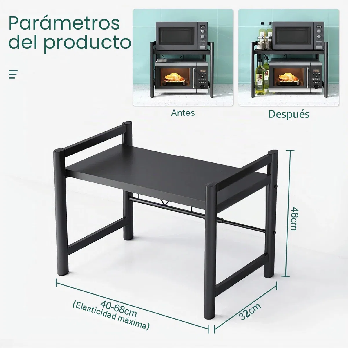 Auauraintt 2 Niveles Soporte Extensible para Microondas de,con 6 Ganchos,Retráctil de 40 a 64 cm Apto para Soporte de microondas y Soporte de Horno de Cocina,Negro