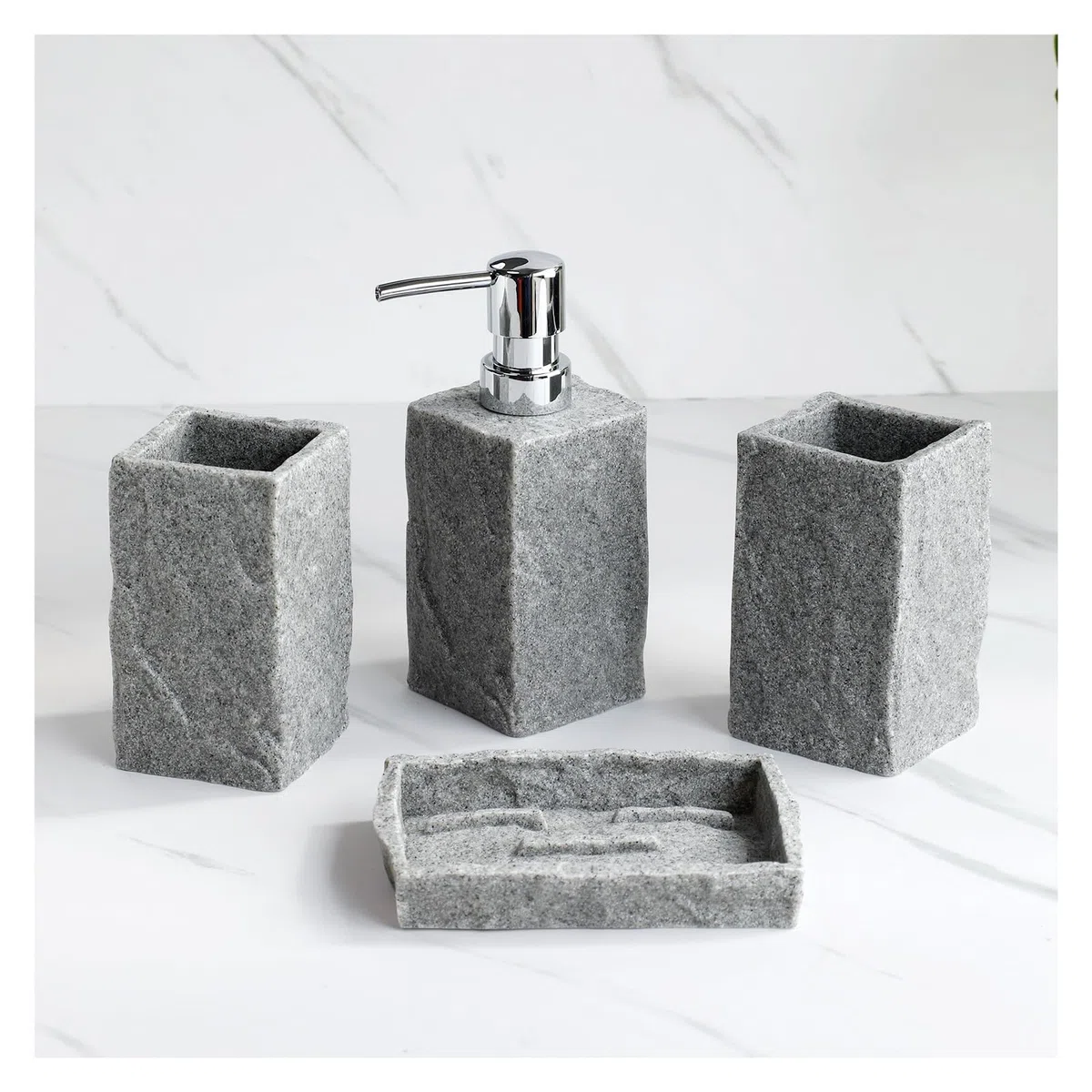 Set Dispensador Jabon Baño Juego de 4 Accesorios de baño, dispensador de jabón líquido, Soporte for Cepillo de Dientes, Vaso for Enjuague bucal, jabonera, Apariencia de Granito de imitación