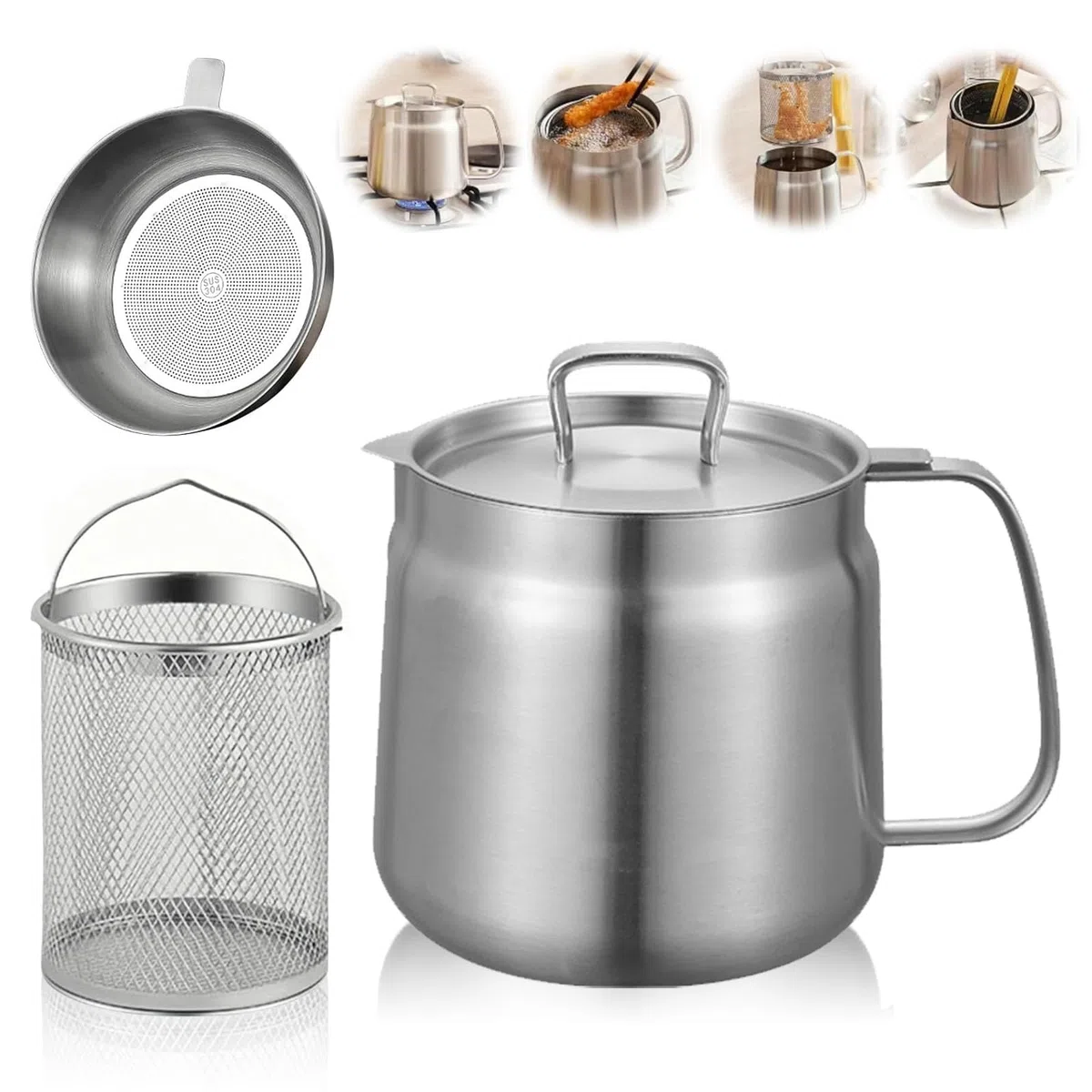 Olla para freír de 1,5 L, olla con colador de acero inoxidable, depósito de grasa, cesta para freír cacerola con tapa a prueba de polvo, depósito de aceite para guardar freír y grasa