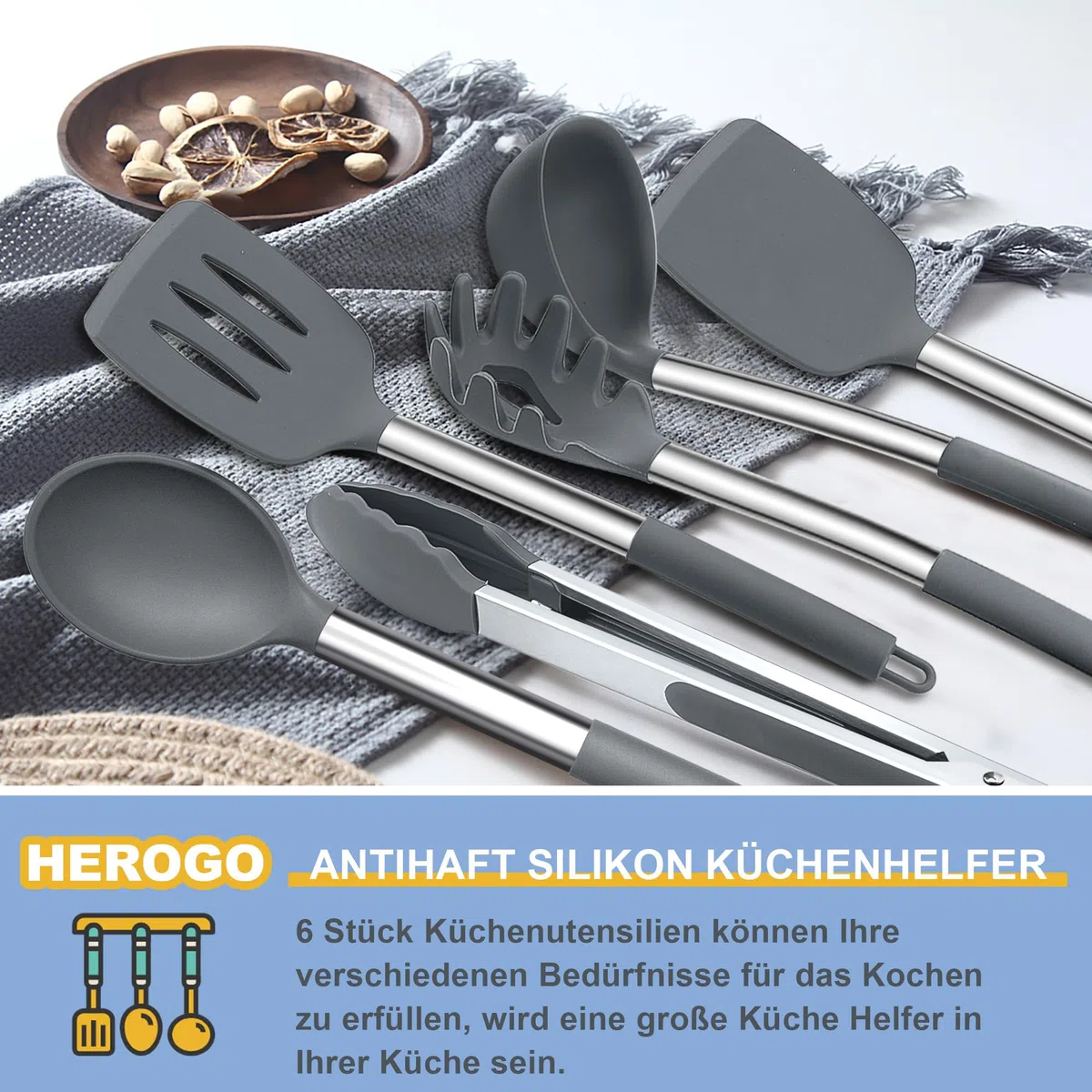 Herogo Juego de 6 utensilios de cocina de silicona, color gris, mango de acero inoxidable, resistente al calor, antiadherente, incluye pinzas, volteador, espátula, regalo ideal
